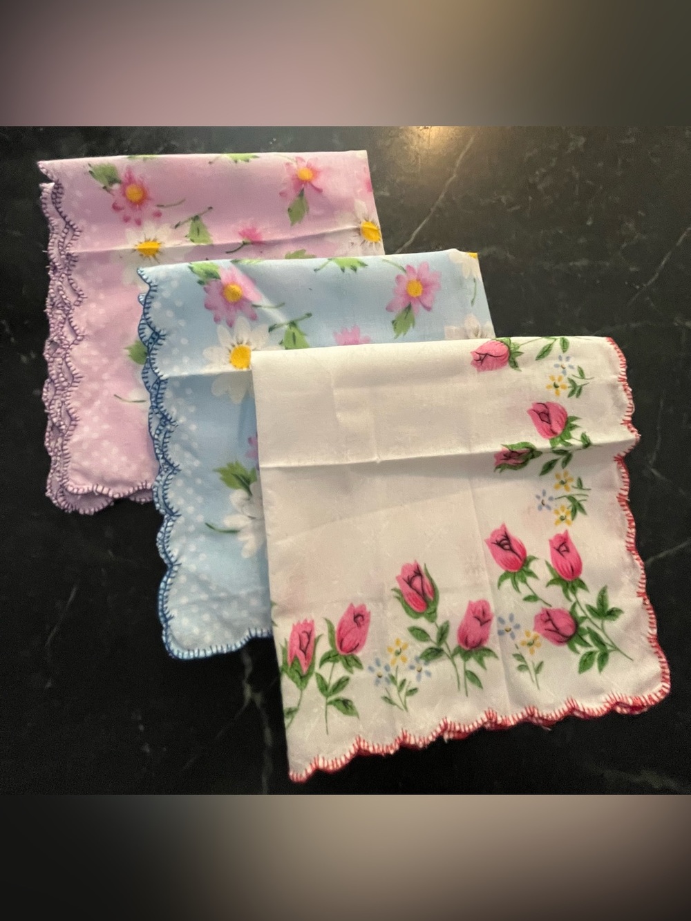 Vintage Floral Handkerchief Lot of 3 Cotton Scalloped Edge Pink Blue Rose Daisy